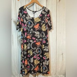 Lbisse Black Coral Floral Scoop Neck Shift Dress Misses L 12/14 Stretch Knit NEW